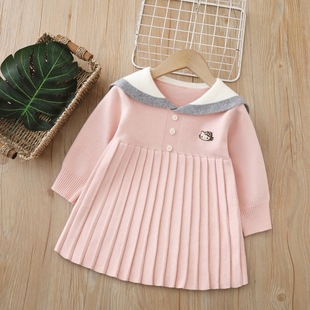 女宝宝针织衫连衣裙秋冬季新款学院风海军领JK百褶裙洋气女童毛衣