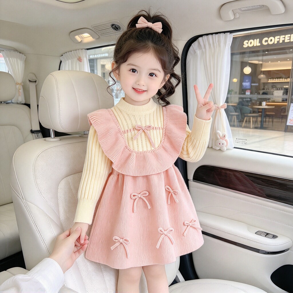 女童假两件针织连衣裙春秋新款宝宝蝴蝶结公主裙周岁礼服洋气毛衣