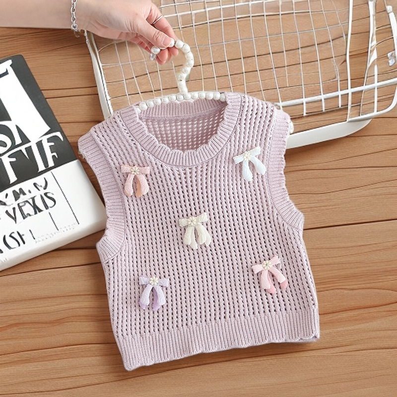 女童针织毛衣背心镂空蝴蝶结马甲洋气女宝宝春秋小童2025新款上衣