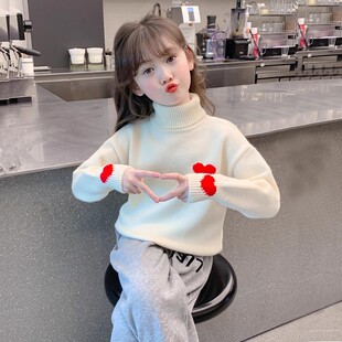女童高领针织衫毛衣加绒加厚秋冬季洋气女宝宝毛线衣儿童装打底衫