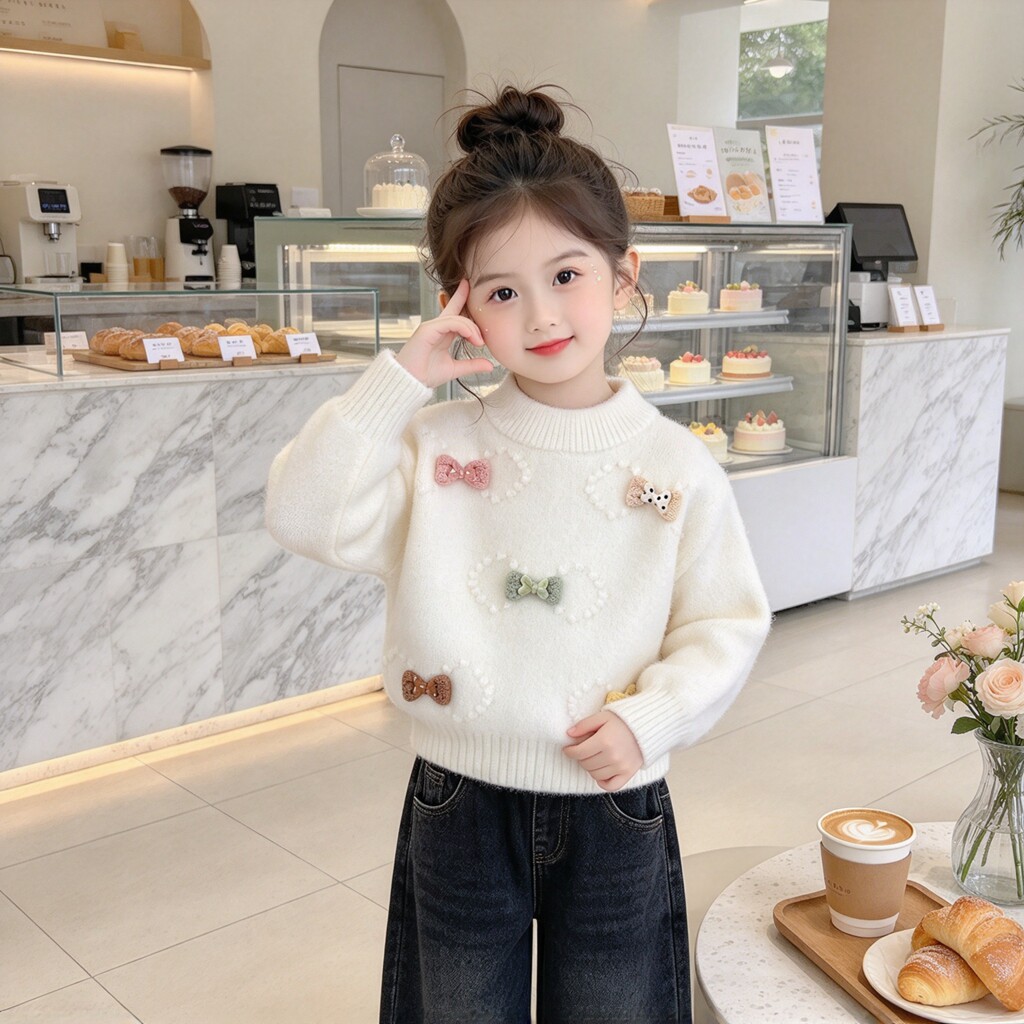 女童蝴蝶结针织衫毛衣外套保暖