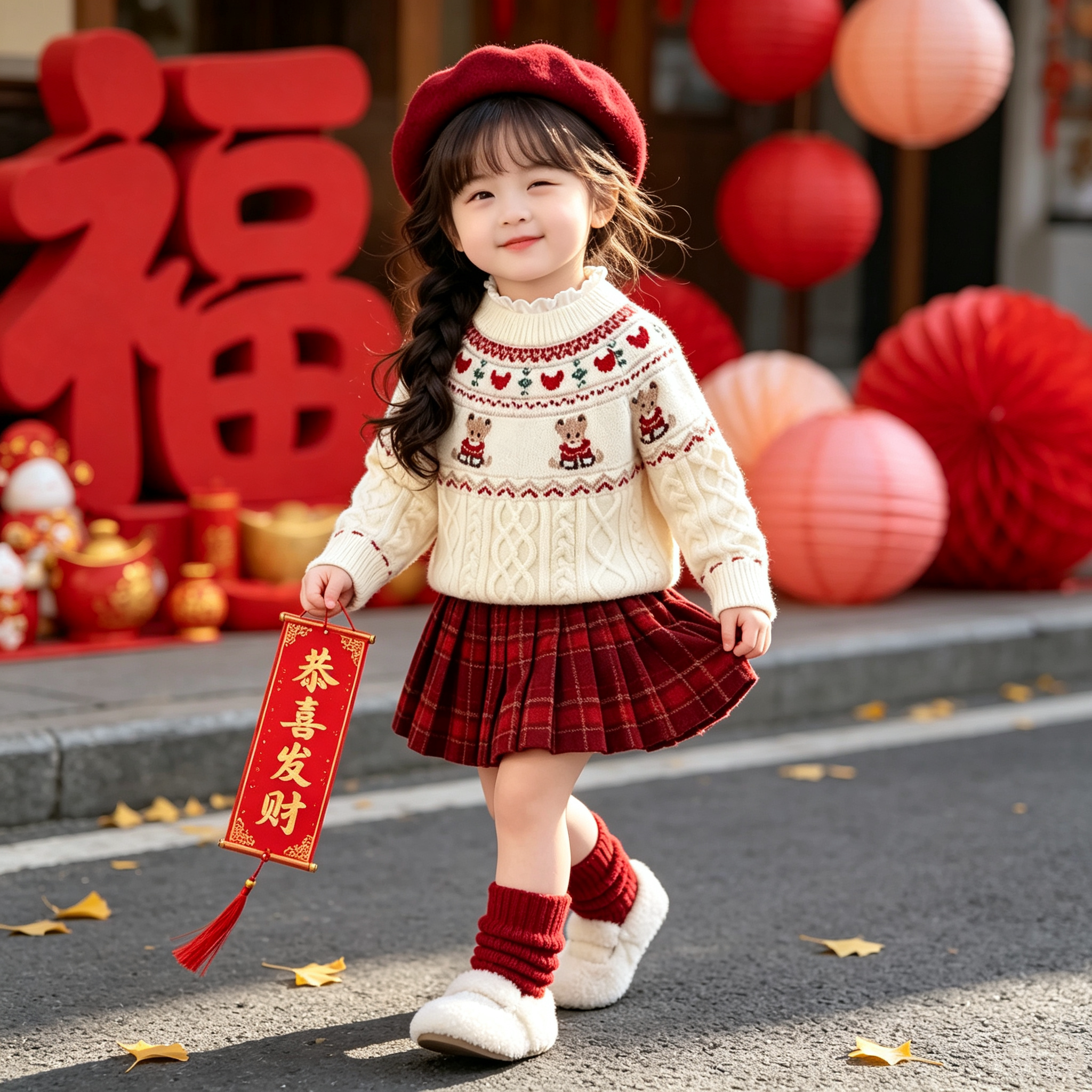 女童新年拜年服针织衫套装毛衣