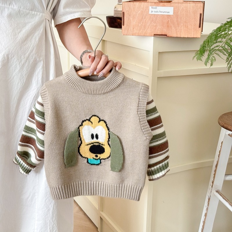男童针织衫毛衣秋冬内搭男宝宝打底衫婴儿条纹卡通毛线衣假两件潮