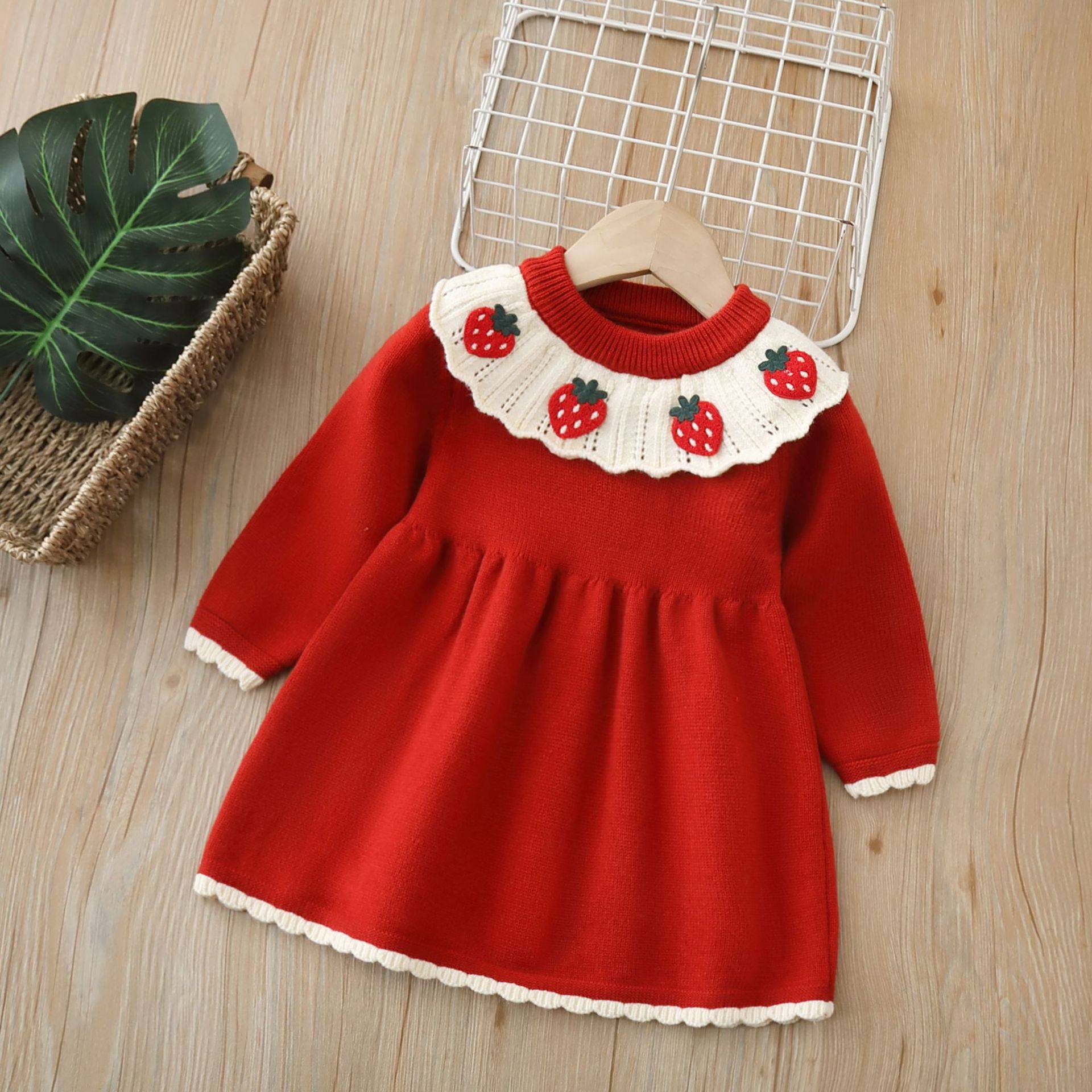 红色喜庆女童针织连衣裙秋冬季毛衣裙子新年衣服过年服宝宝拜年服