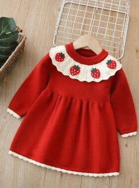 红色喜庆女童针织连衣裙秋冬季毛衣裙子新年衣服过年服宝宝拜年服