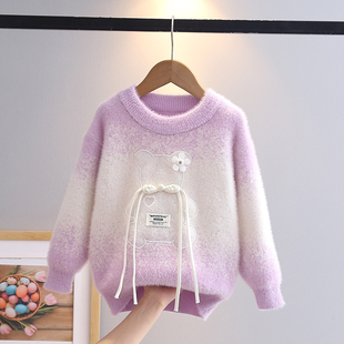 女童毛衣加绒加厚秋冬季水貂绒保暖女孩针织衫小童儿童洋气打底衫