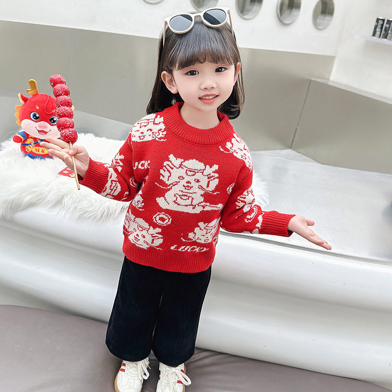 女童针织衫年服毛衣秋冬款宝宝新年红色打底衫新款水貂绒儿童冬装