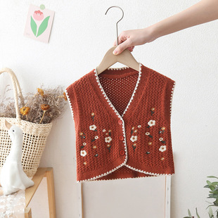 V领女童针织刺绣碎花开衫马甲小童春秋新款洋气外穿毛衣马夹背心