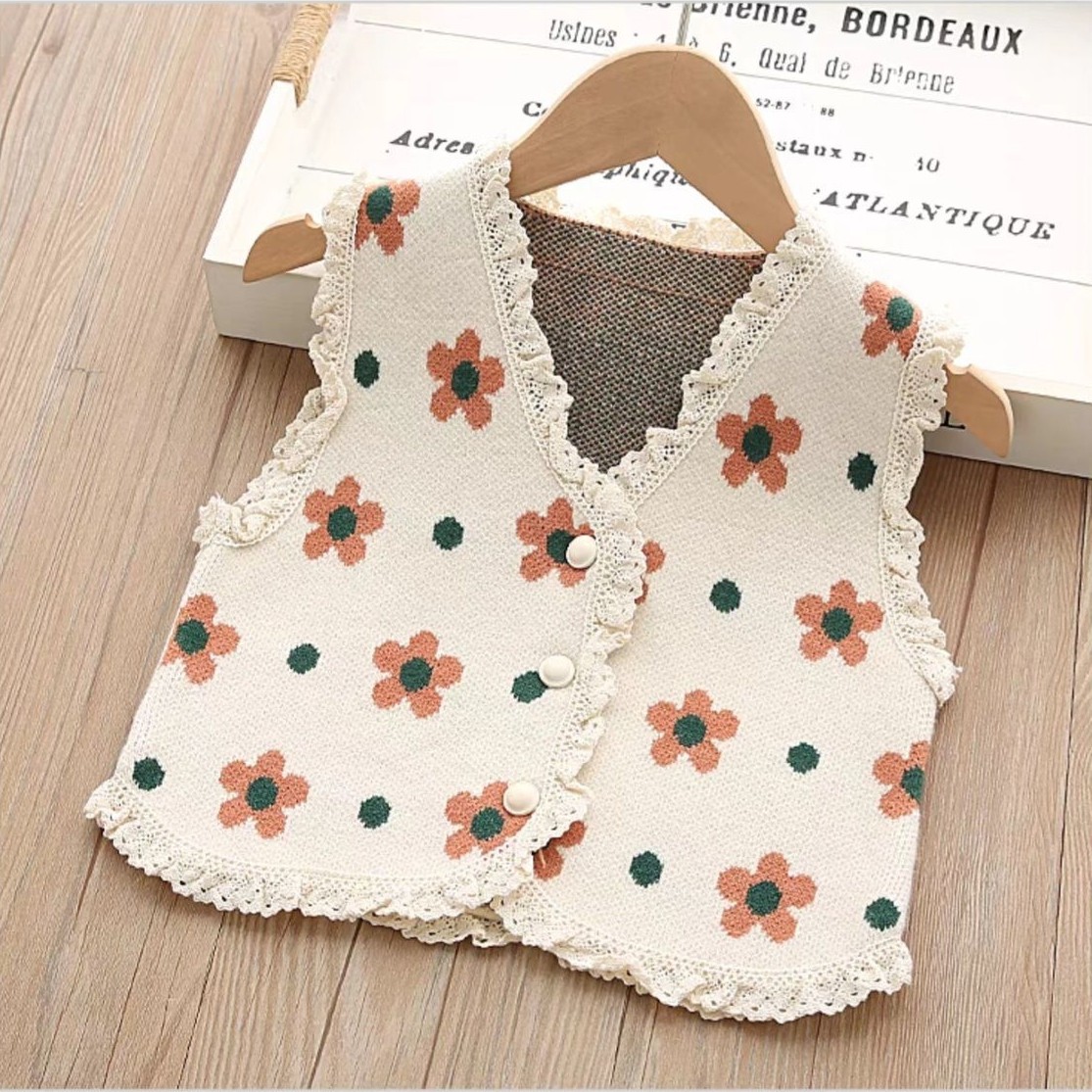 女童针织毛衣背心春秋2025新款开衫马甲女宝宝花边洋气坎肩外套