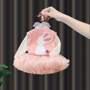 女童针织打底衫马甲裙子套装新款洋气女宝宝卡通儿童网纱裙三件套