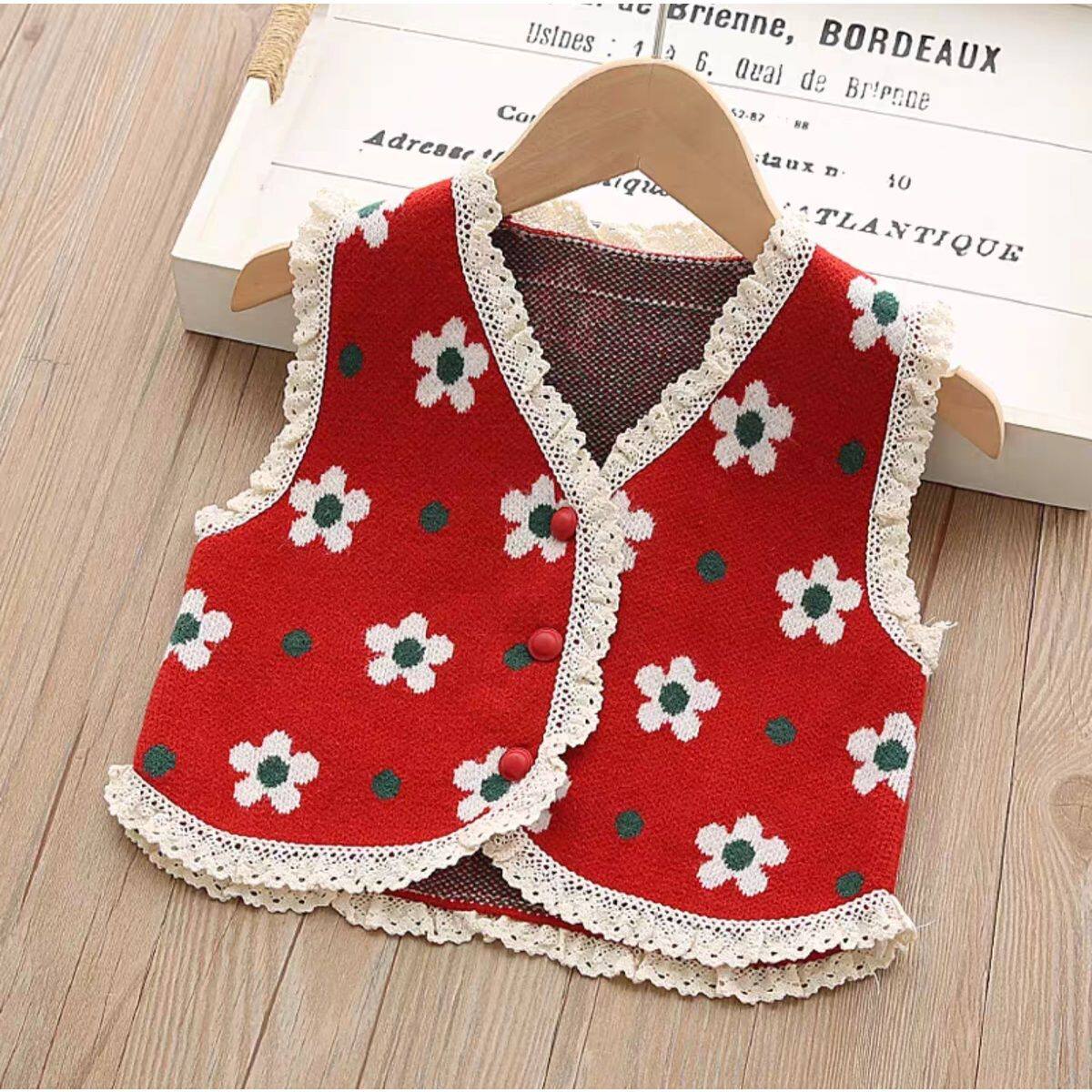 女童针织开衫花边马甲春秋装儿童洋气V领毛衣背心中小童坎肩上衣