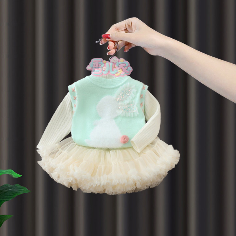 儿童针织毛衣打底衫套装女宝宝马甲背心春秋女孩时髦洋气马夹线衣