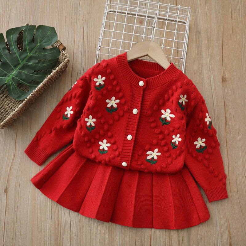 女童针织毛衣开衫洋气中小童套装儿童百搭刺绣花朵外套半身百褶裙