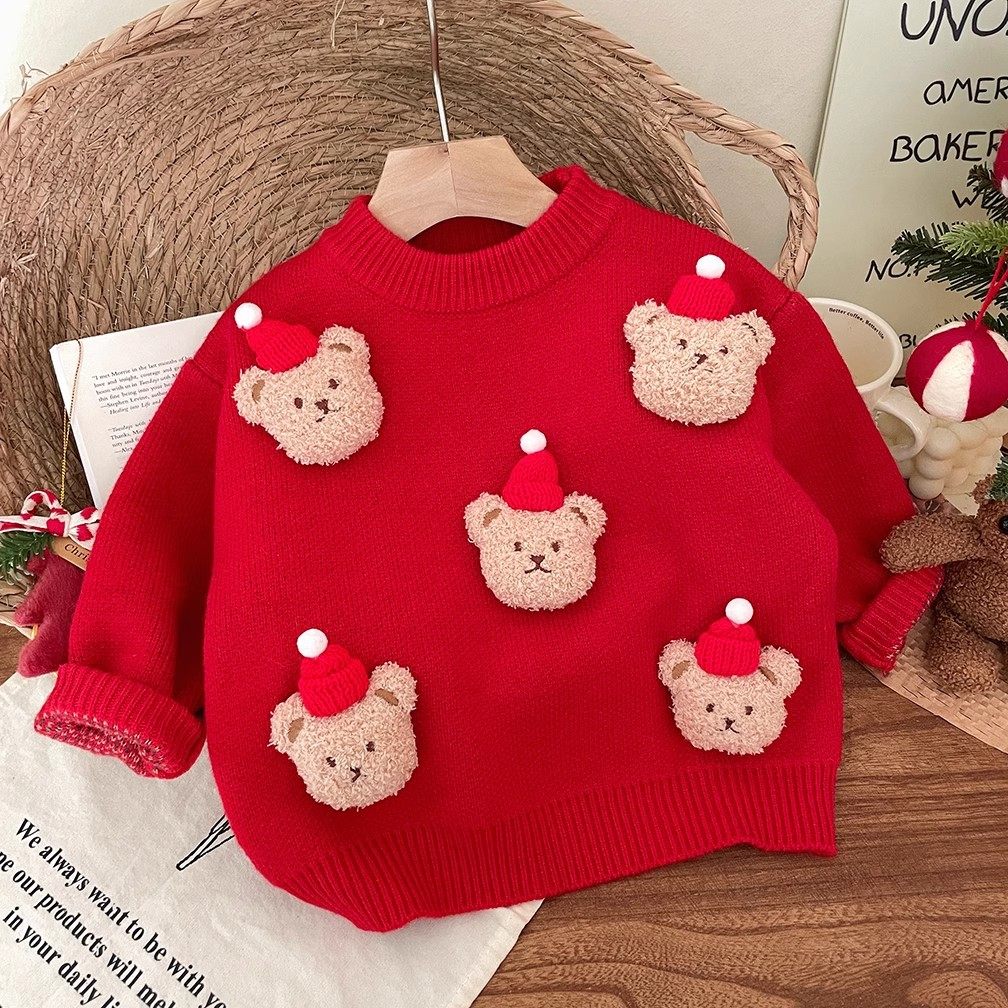 儿童红色毛衣卡通小熊男女童洋气上衣拜年服女宝宝小童打底针织衫