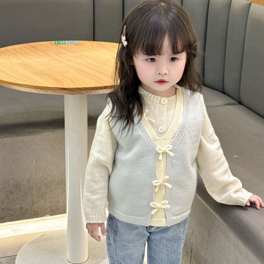 女童针织衫马甲背心春秋季女宝宝假两件洋气时髦坎肩儿童套头毛衣