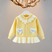 外套 儿童公主花边蝴蝶结女宝宝针织衫 女童宽松毛衣开衫 2025秋冬季