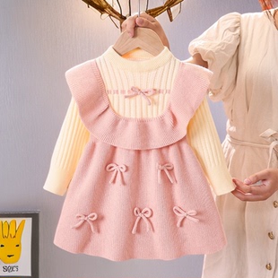 女童针织连衣裙秋冬2025新款女宝宝荷叶边蝴蝶结儿童毛衣公主裙子