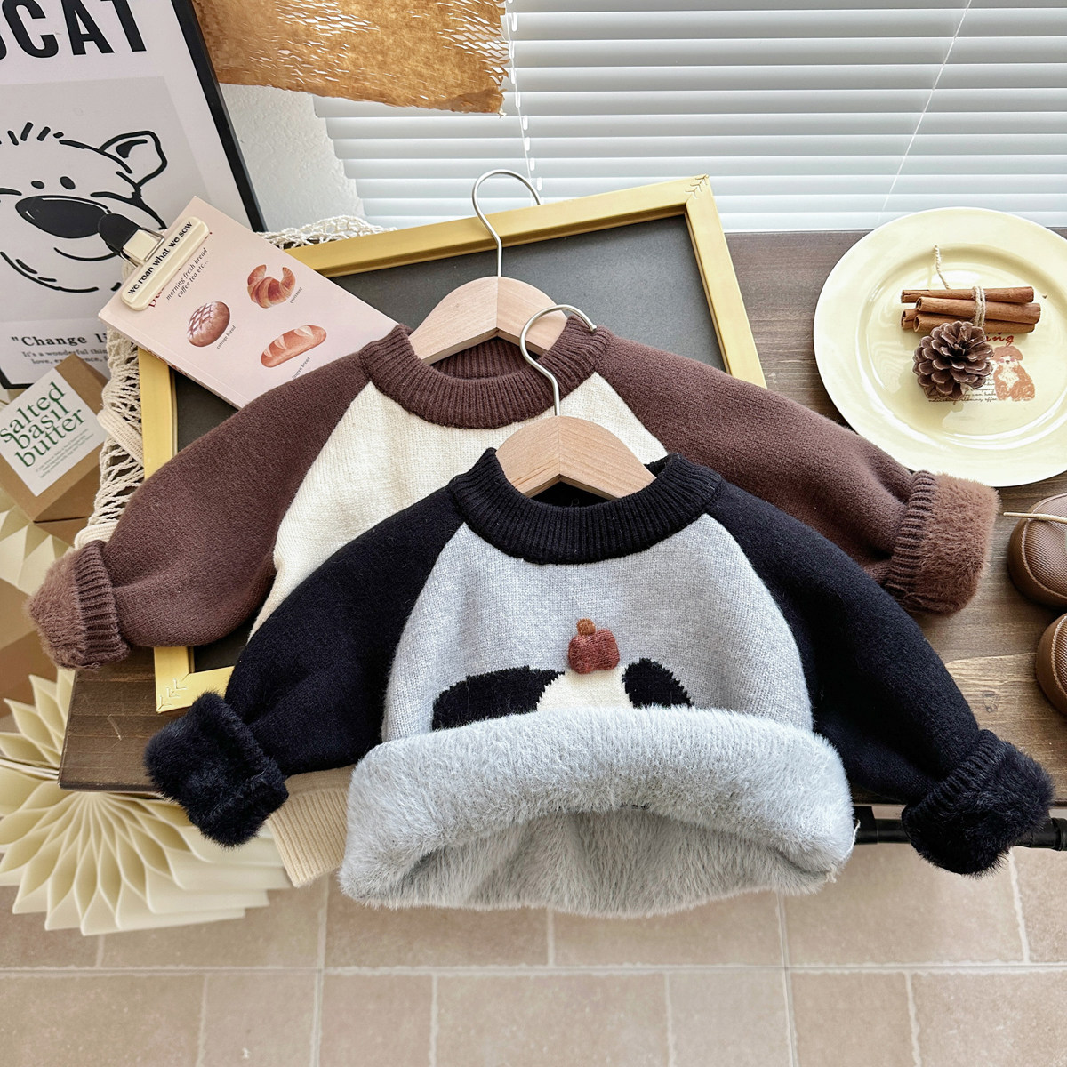 儿童卡通一体绒毛衣男童冬季加绒加厚男宝宝针织衫小童打底衫冬装