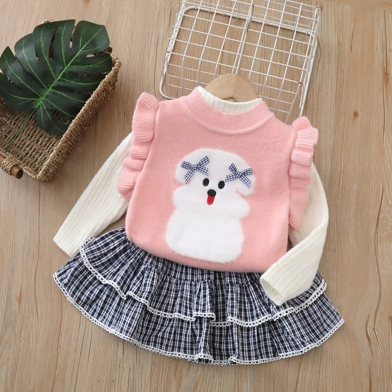 女童卡通打底马甲套装秋冬儿童针织毛衣裙子卡通三件套女宝宝衣服