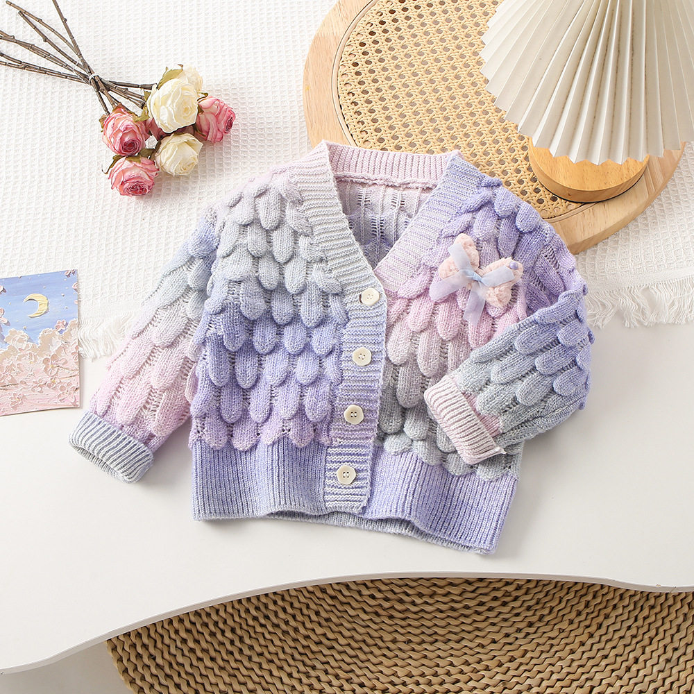 女童针织毛衣渐变春秋装儿童女两件套女孩网纱裙开衫女宝宝tutu裙