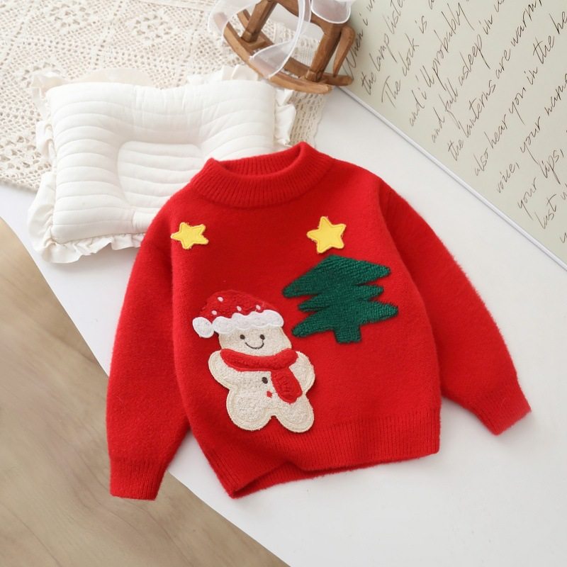 女童圣诞节针织衫毛衣秋冬季新款儿童装加绒红色喜庆宝宝内搭上衣
