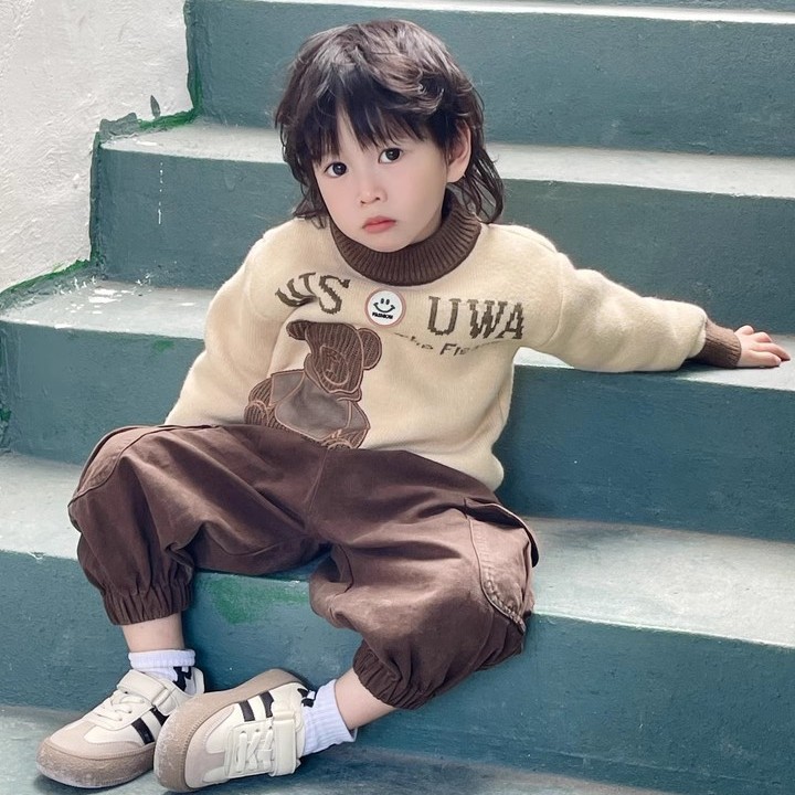 男童一体绒毛衣2025新款加绒小童秋冬装男宝宝内搭洋气针织打底衫