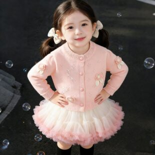 女童春秋季针织衫毛衣网纱裙子套装2026新款时尚女宝宝外套两件套