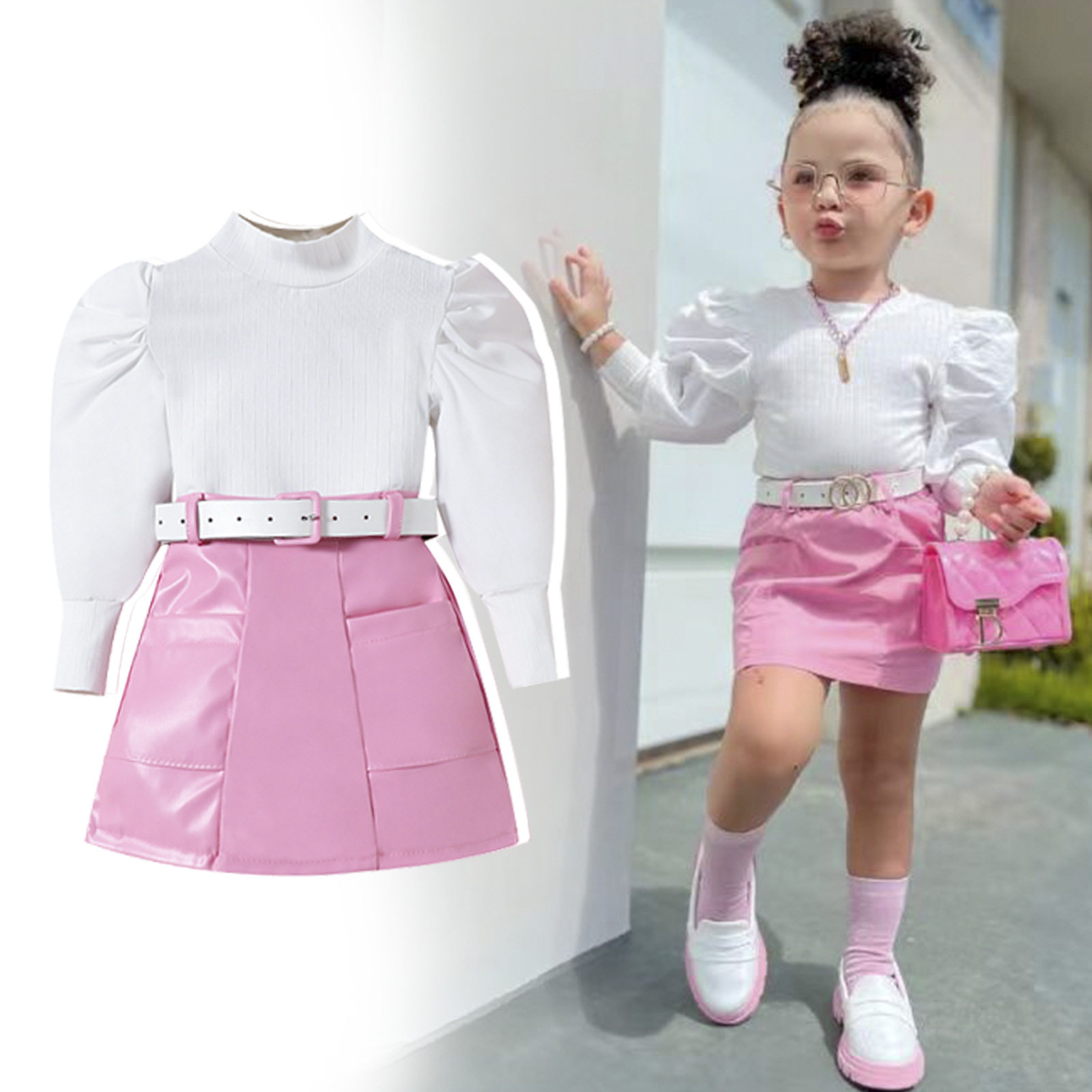 中小童春秋季衣服1-2-3-4-5-8周岁女童泡泡袖长袖上衣+pu皮裙套装