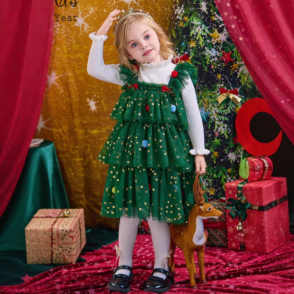 圣诞节日演出服装女童连衣裙秋冬季儿童蓬蓬裙子小女孩公主裙礼服