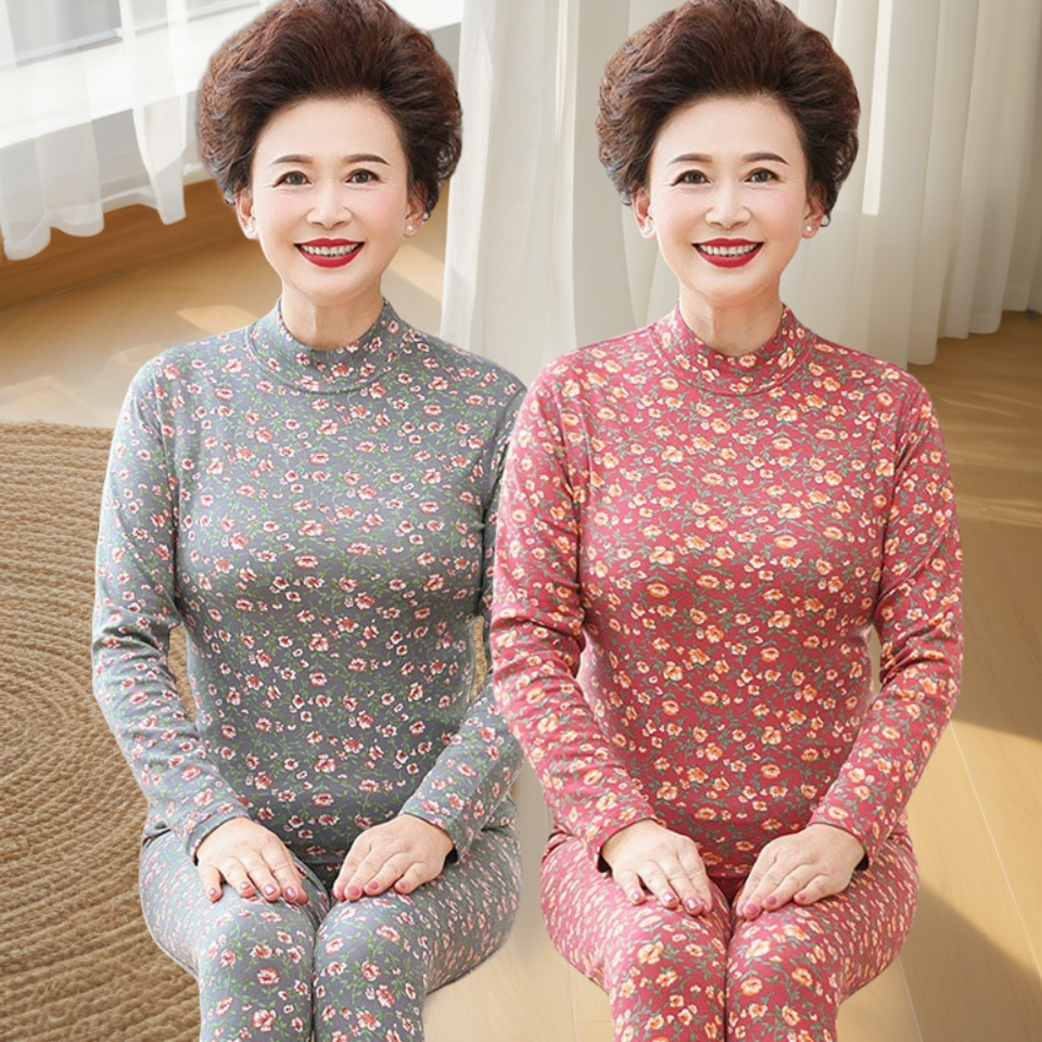 碎花中年妈妈冬季保暖内衣套装德绒加绒加厚半高领打底衫衬衣衬裤
