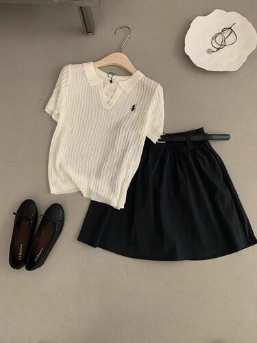 LEAVES叶子家韩系时尚高级感小马刺绣针织短袖小个子气质显瘦上衣