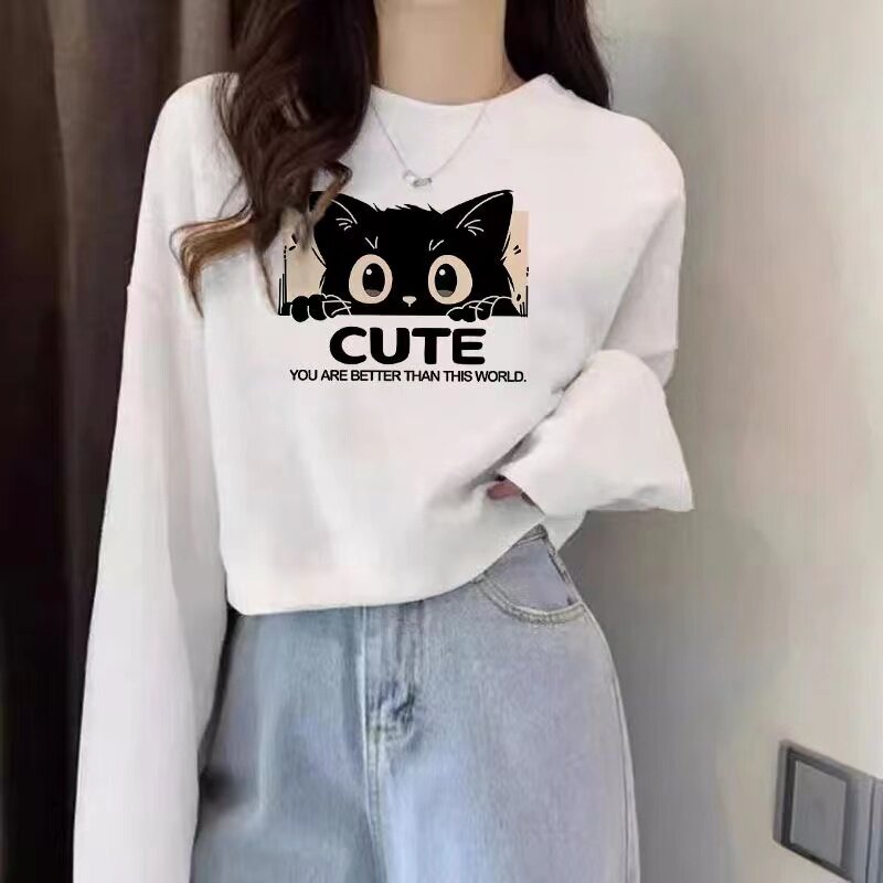 纯棉毛圈卡通猫咪印花长袖卫衣女宽松显瘦白色休闲上衣2026新款