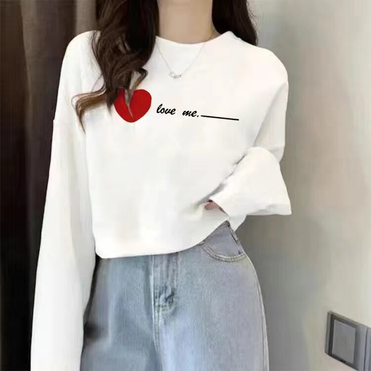 毛圈纯棉春秋韩版宽松爱心印花长袖上衣女白色圆领套头卫衣休闲潮