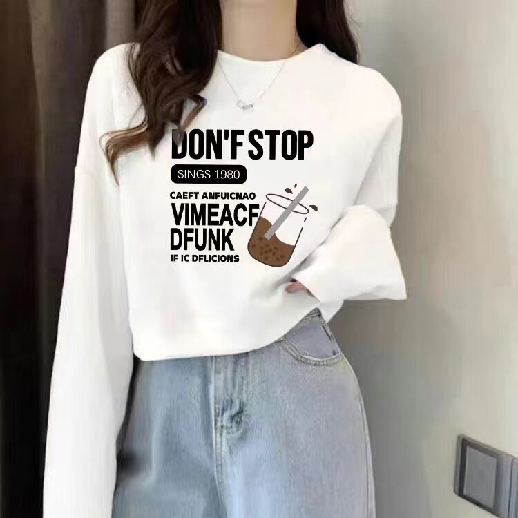 毛圈纯棉春秋白色字母印花短款卫衣女宽松显瘦圆领长袖上衣休闲风