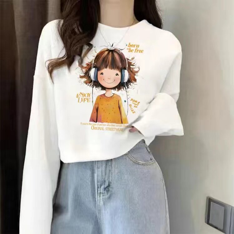 纯棉卡通印花卫衣女短款长袖宽松圆领套头白色薄款小个子上衣