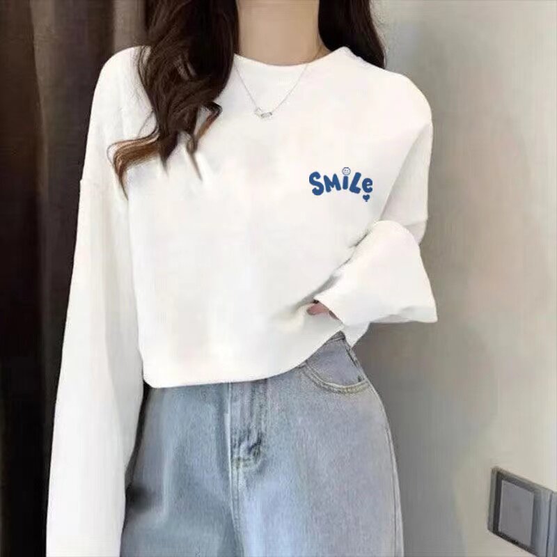 纯棉韩版宽松白色长袖短款卫衣女秋季字母印花百搭显瘦上衣ins风