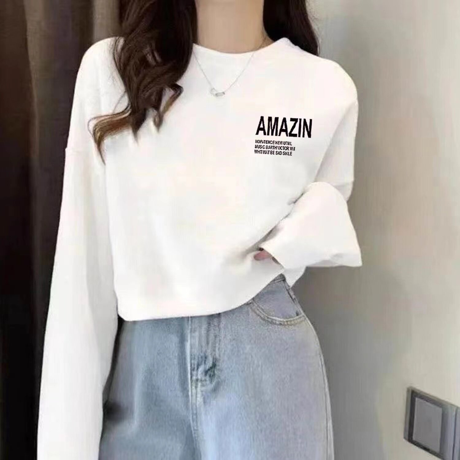 纯棉毛圈白色字母印花长袖短款卫衣女宽松显瘦韩版时尚上衣春秋