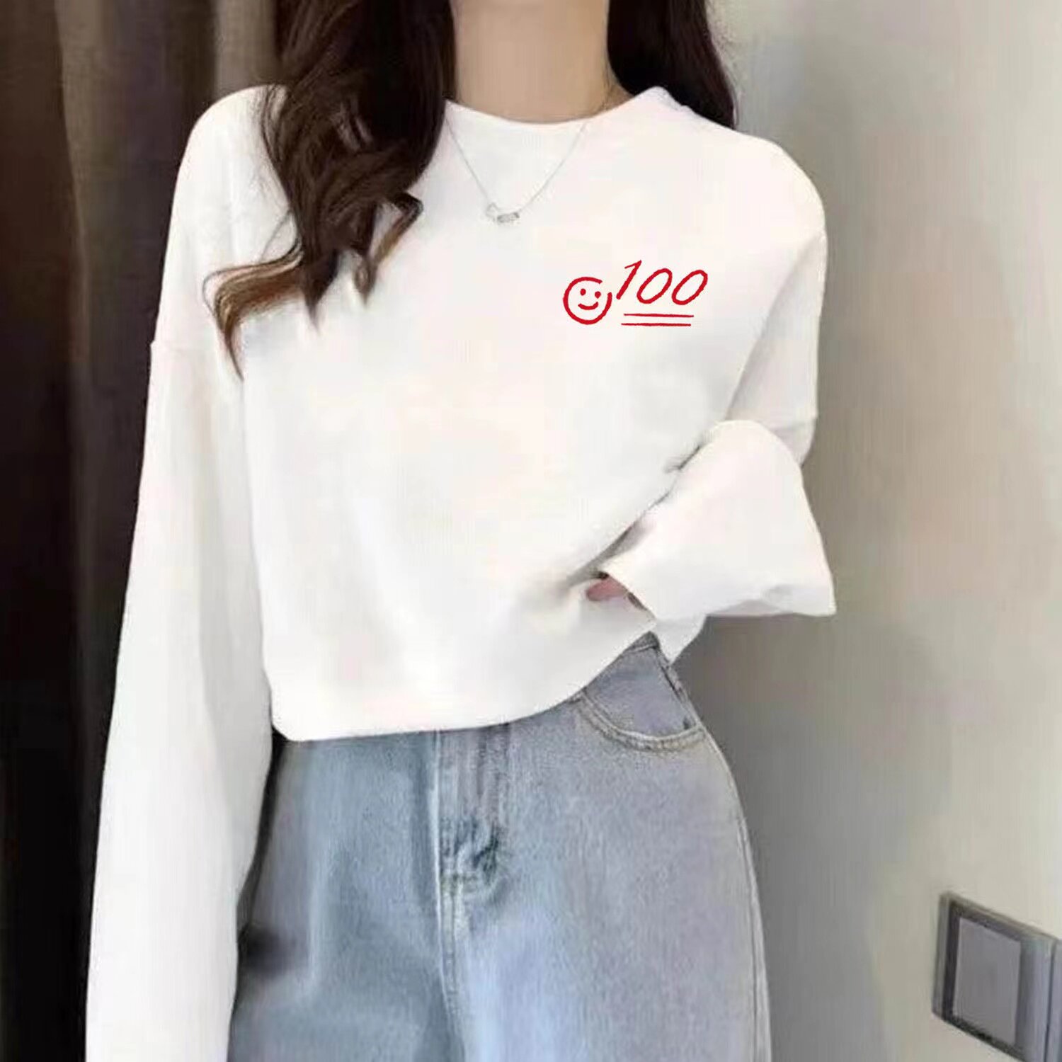 纯棉毛圈韩版宽松印花长袖短款卫衣女白色百搭显瘦春秋上衣休闲
