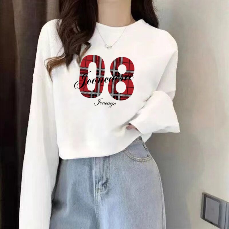 纯棉韩式休闲风薄款宽松圆领长袖卫衣女白色印花套头韩风穿搭上衣