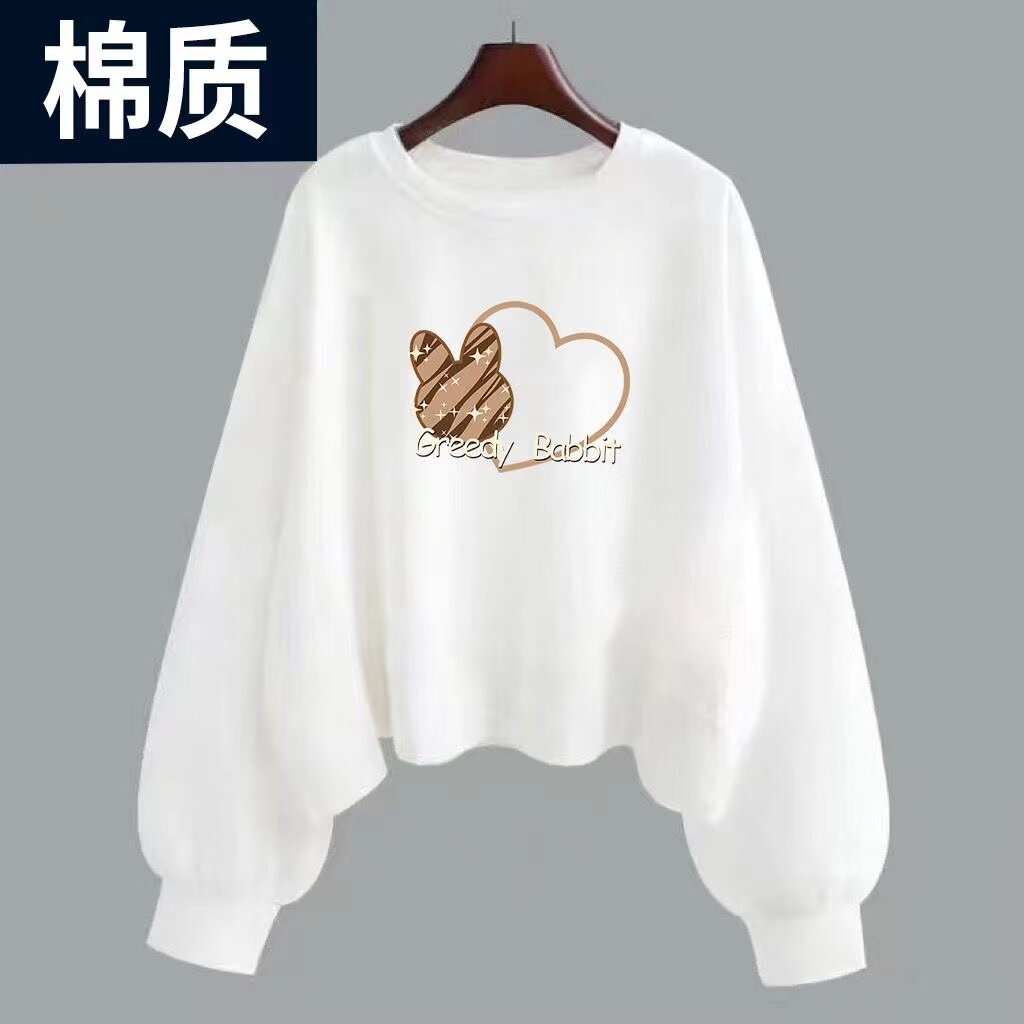 纯棉春秋薄款短款卫衣女薄款韩版宽松圆领长袖印花显瘦上衣外套