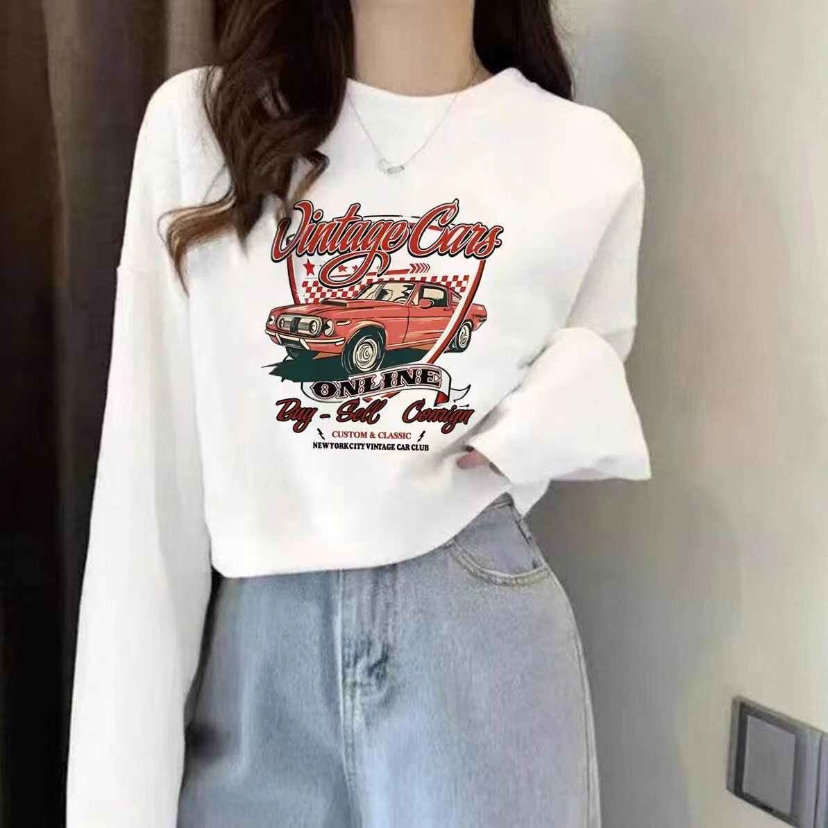 纯棉毛圈休闲风印花卫衣女白色长袖宽松短款套头打底衫韩版上衣潮