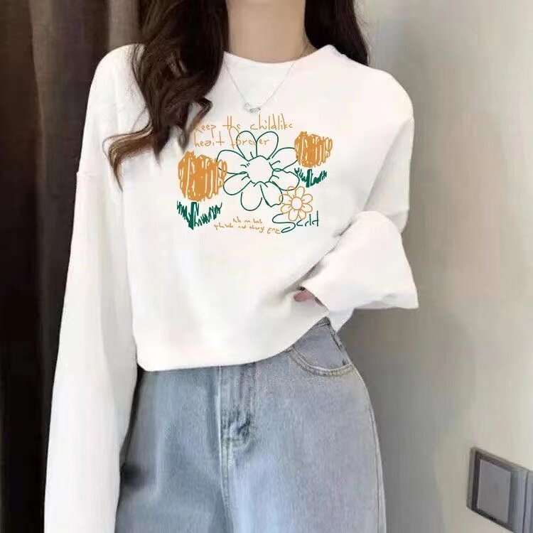 纯棉小个子甜美风印花卫衣女白色圆领套头长袖宽松薄款上衣洋气