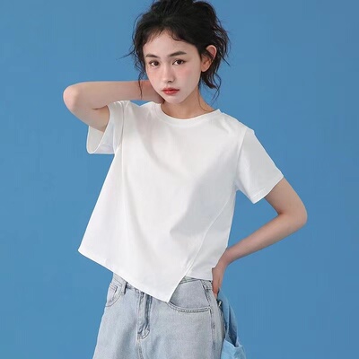 白色正肩短袖t恤女短款小个子