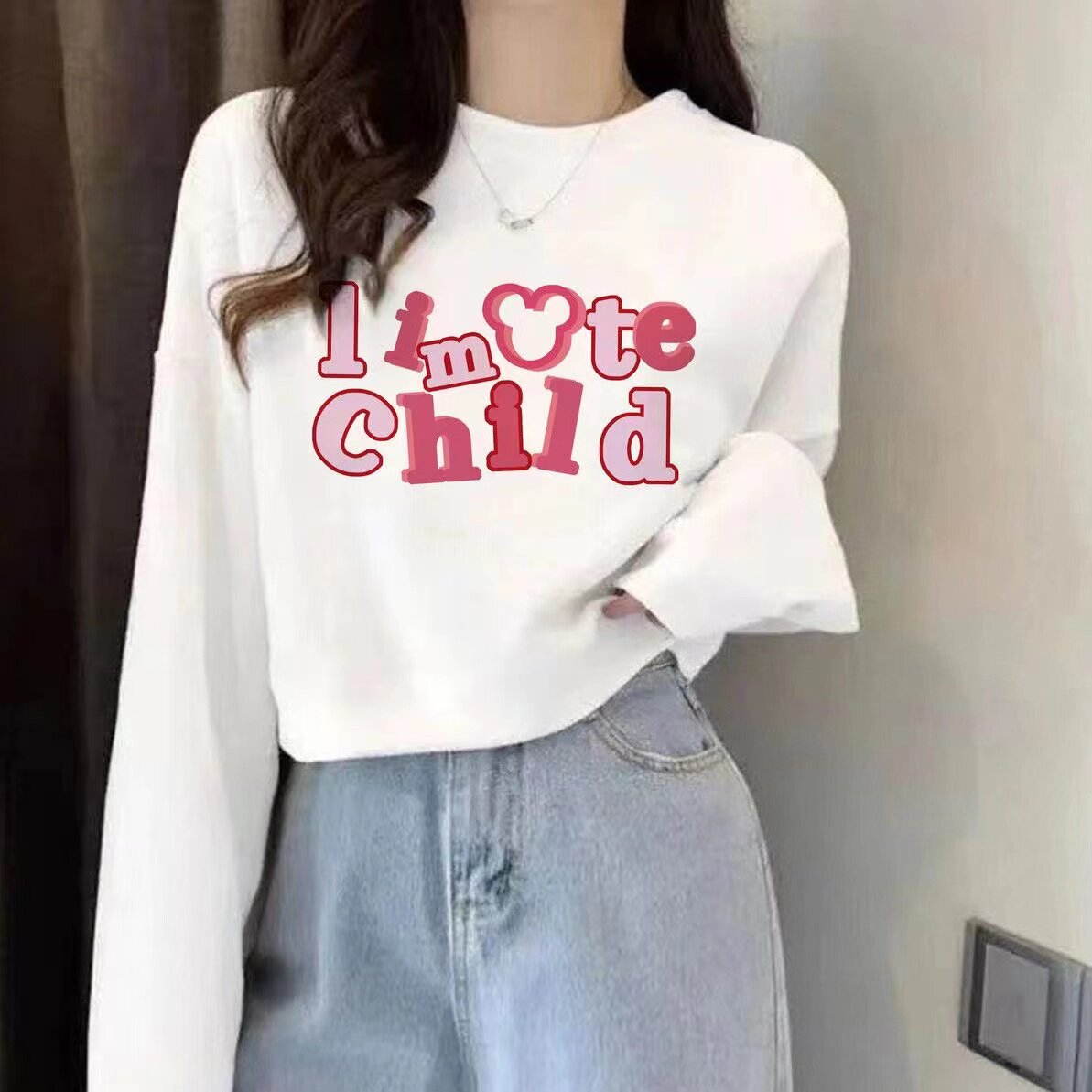 纯棉毛圈白色长袖短款卫衣女秋季新款宽松印花套头小个子休闲上衣