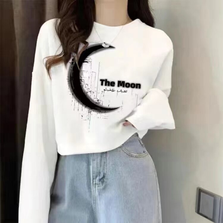 纯棉慵懒风月亮印花卫衣女加绒宽松短款套头上衣小个子时尚洋气