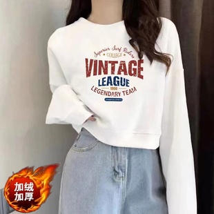 加绒加厚纯棉面韩式休闲风白色字母印花卫衣女宽松高腰短款上衣