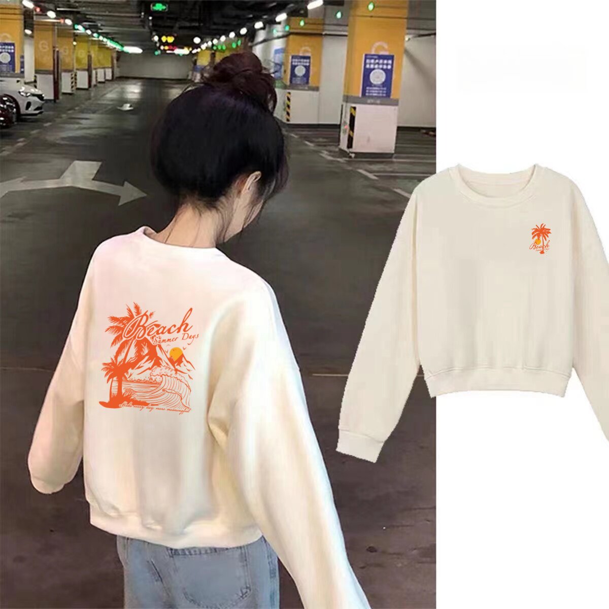 纯棉毛圈休闲风圆领短款卫衣女宽松显瘦长袖印花套头薄款上衣潮牌