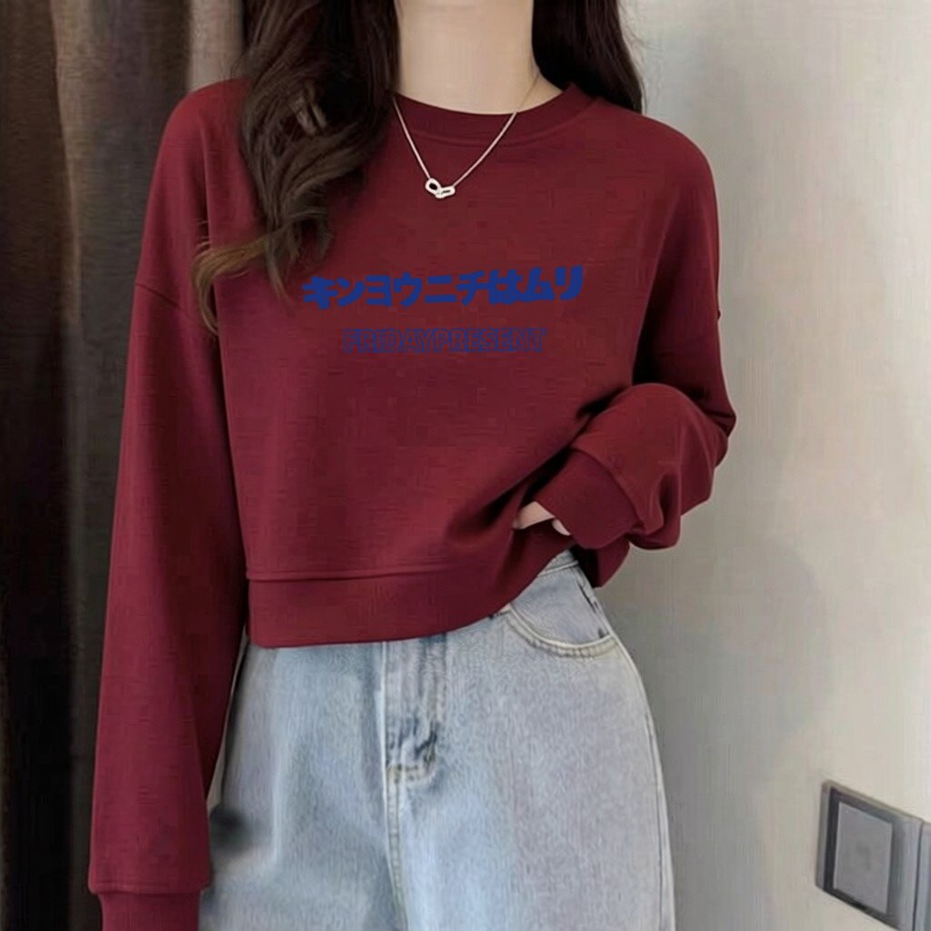酒红学院风宽松短款纯棉卫衣女