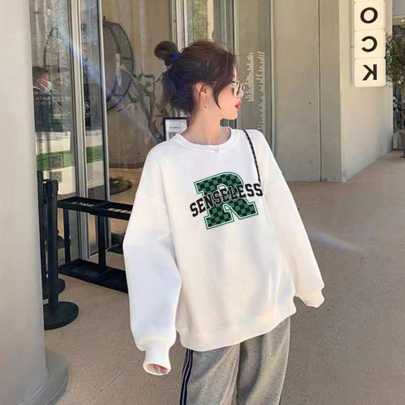 白色毛圈棉春秋卫衣女新款潮牌印花薄款长袖圆领宽松套头上衣2026