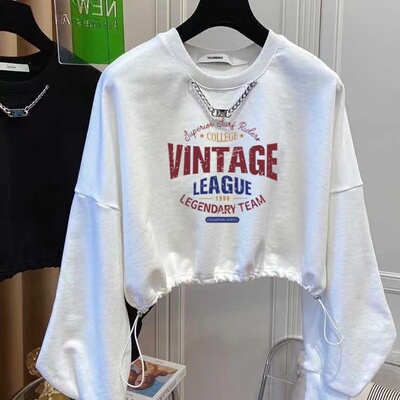 送挂链/纯棉白色卫衣女短款春秋季薄款上衣韩版宽松抽绳圆领印花